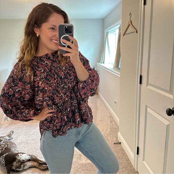 Apiece Apart Blue Red Floral Silk Blouse 4 - Picture 3 of 9